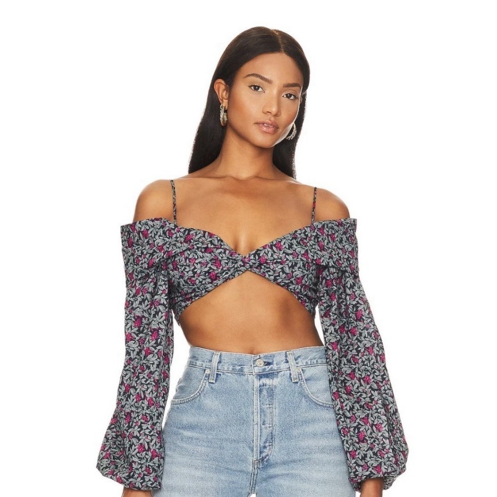 Lovers + Friends Pearl Dark Floral Puff Sleeve Sweetheart Crop Top Size XXS Boho